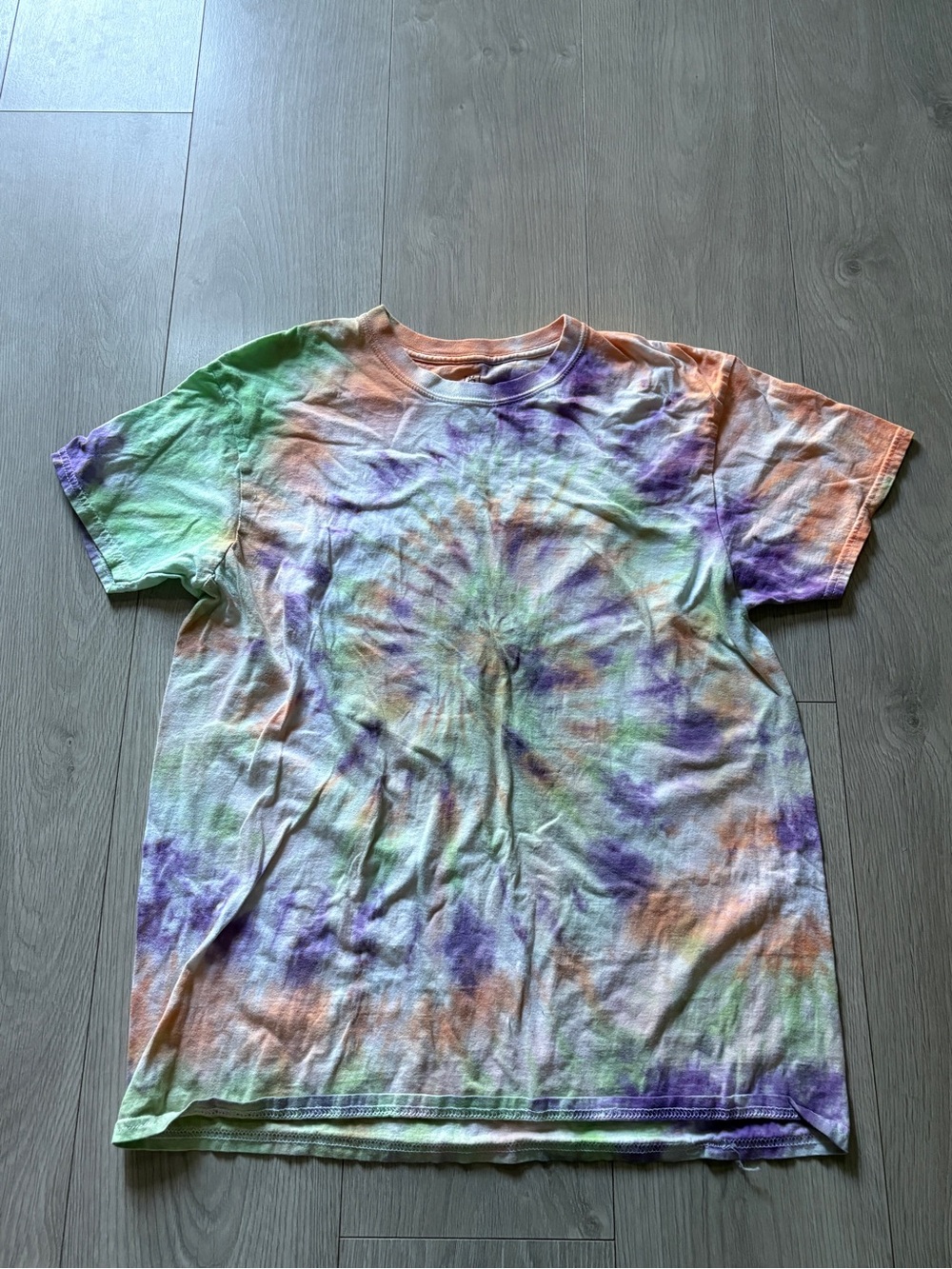 Colorful Tie-Dye Crewneck T-Shirt — Purple, Green, Orange